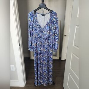 J. Crew Blue Yellow Fete Floral Print V Neck Cottage Core Midi Dress sz S